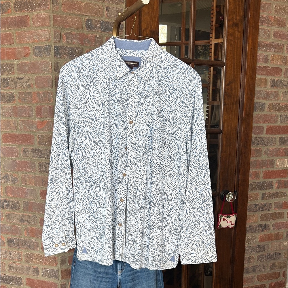 Johnston & Murphy Blue and White Fish Print linen blend Shirt